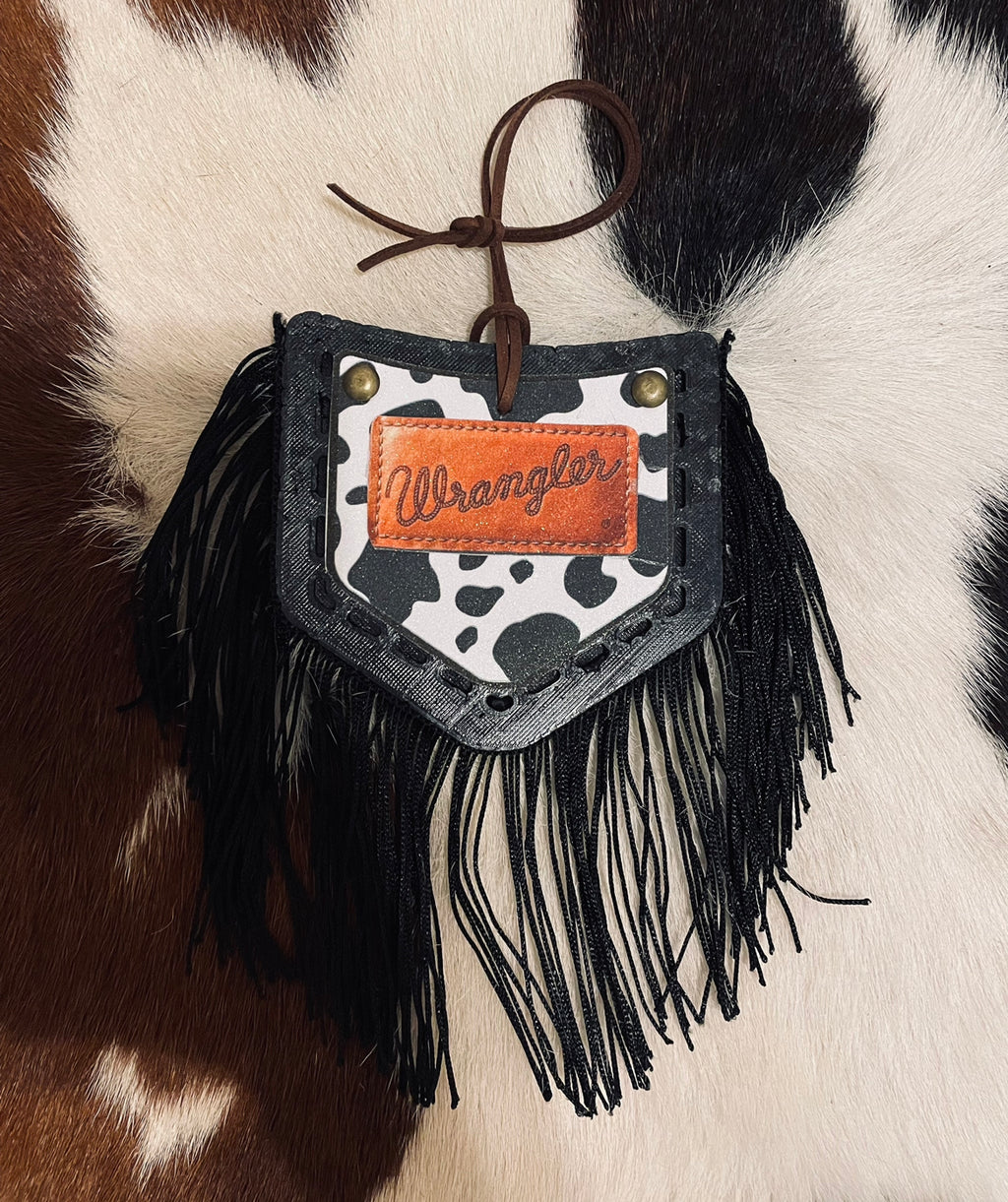Black Cow Print Pocket & Black Fringe