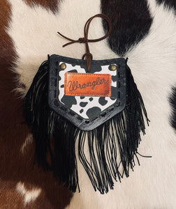 Black Cow Print Pocket & Black Fringe