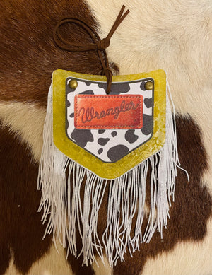 Yellow Cow Print Pocket & White Fringe