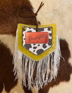 Yellow Cow Print Pocket & White Fringe