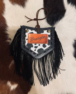 Black Cow Print Pocket & Black Fringe