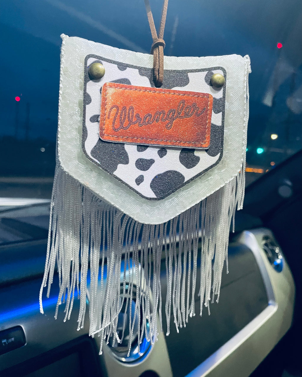 White Cow Print Pocket & White Fringe